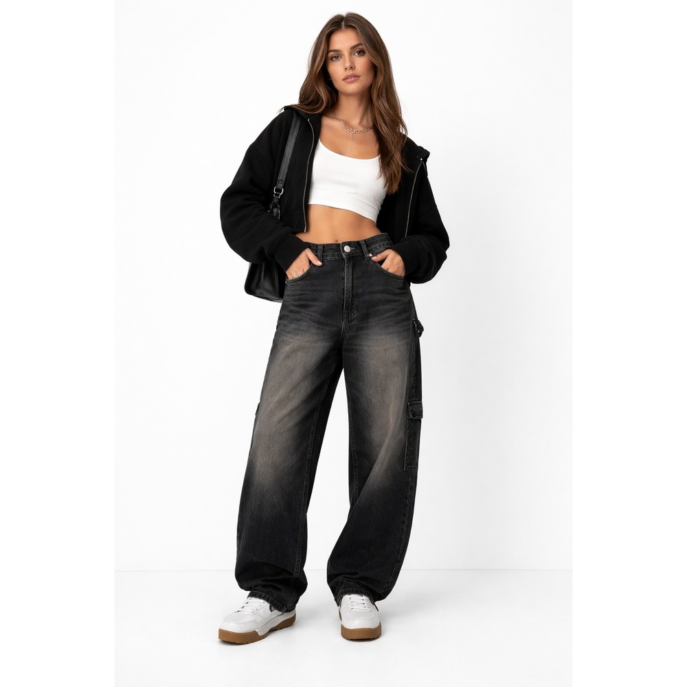 NWT‎ Bershka High Waist Wide Leg Baggy Barrel Jeans Black Acid Wash Y2K 29 New